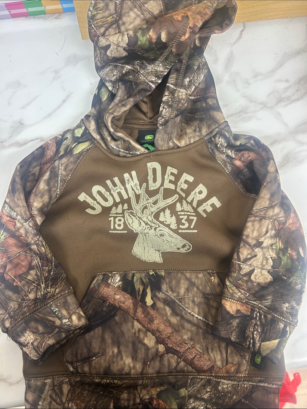 John Deere Brown and Camo Pullover Hoodie with Deer Graphic